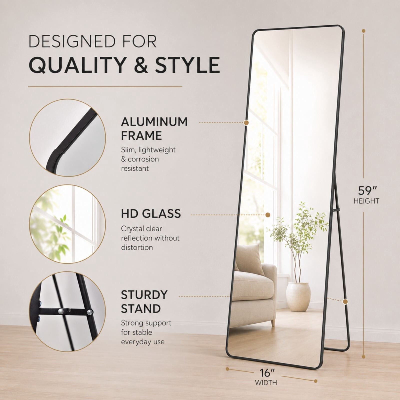 Easy4Home 59"x16" Rectangular Full Length Mirror Round Corner Freestanding Wall Mirror with Metal Frame, Black