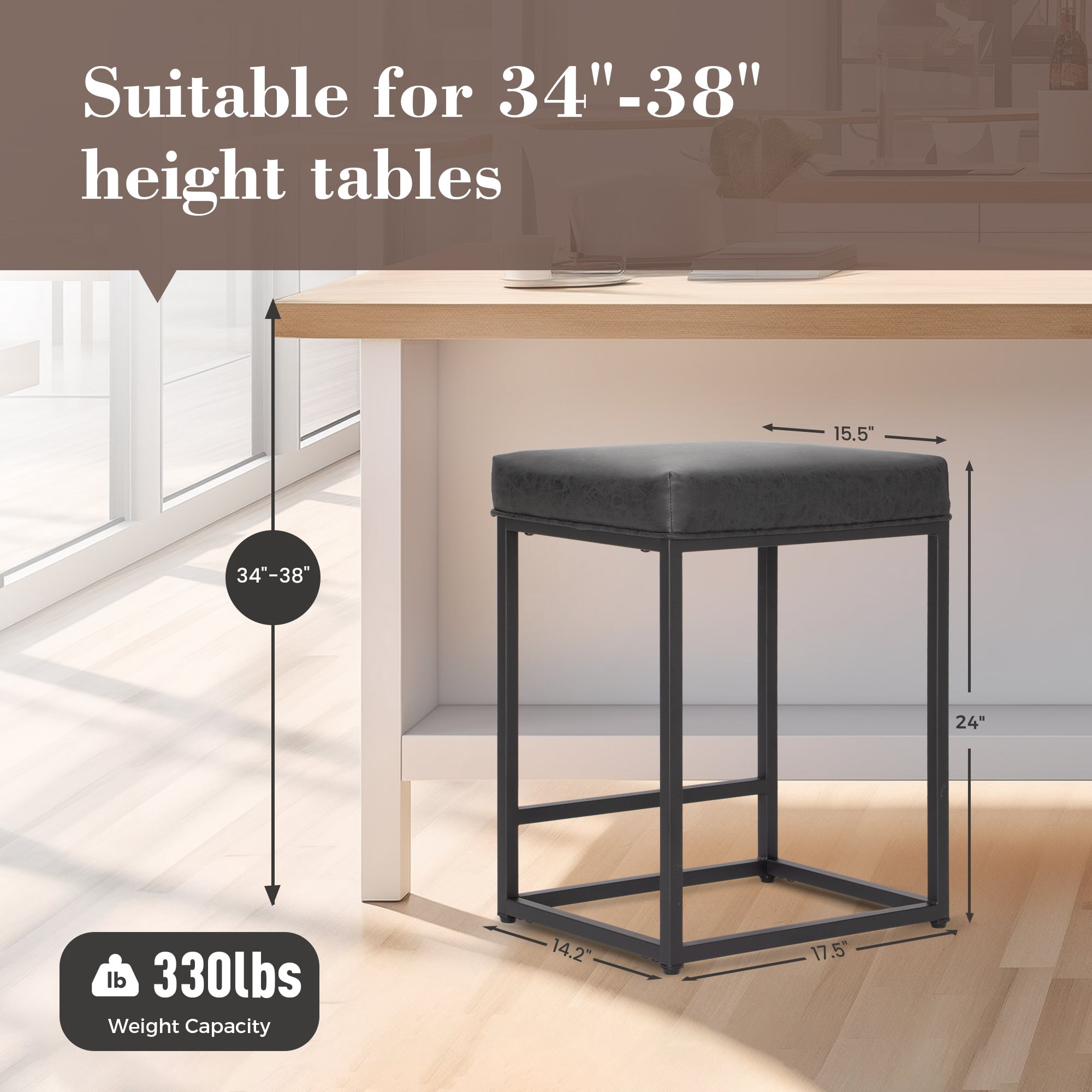 SUMMIT LIVING 24" Counter Height Bar Stool Set of 3, Upholstered Faux Leather Backless Counter Stool for Kitchen Island, Black