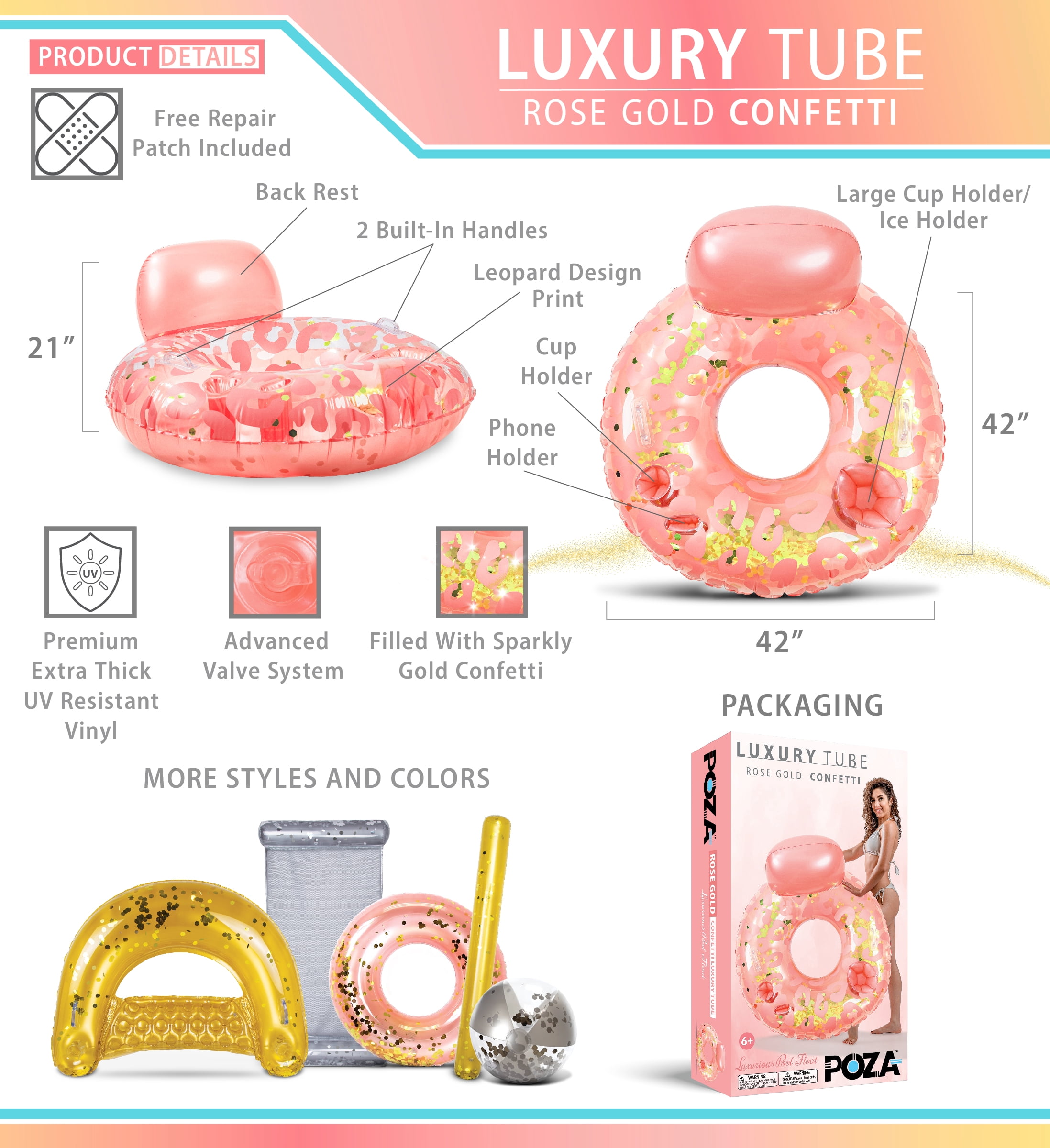 POZA Luxury Inflatable Lounge Pool Float with Back Rest - Inflatable Pool Chair Float for Adults Filled with Sparkle Confetti, Built-in Phone Holder, Cup Holders and Handles, 42 Inches - Rose Gold