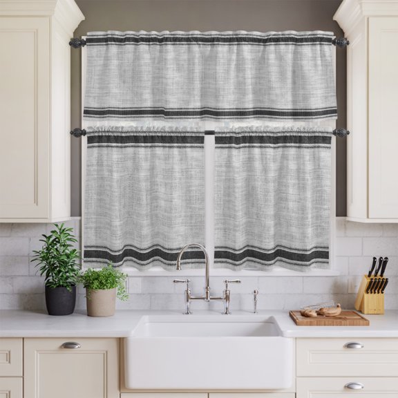 Kitchen Window Curtains Valance and Tier Set, Farmhouse Black Striped Rod Pocket Tier Curtains and Valance 3 Piece Set, Minimalist Linen Texture Window Treatment for Bedroom Living Room