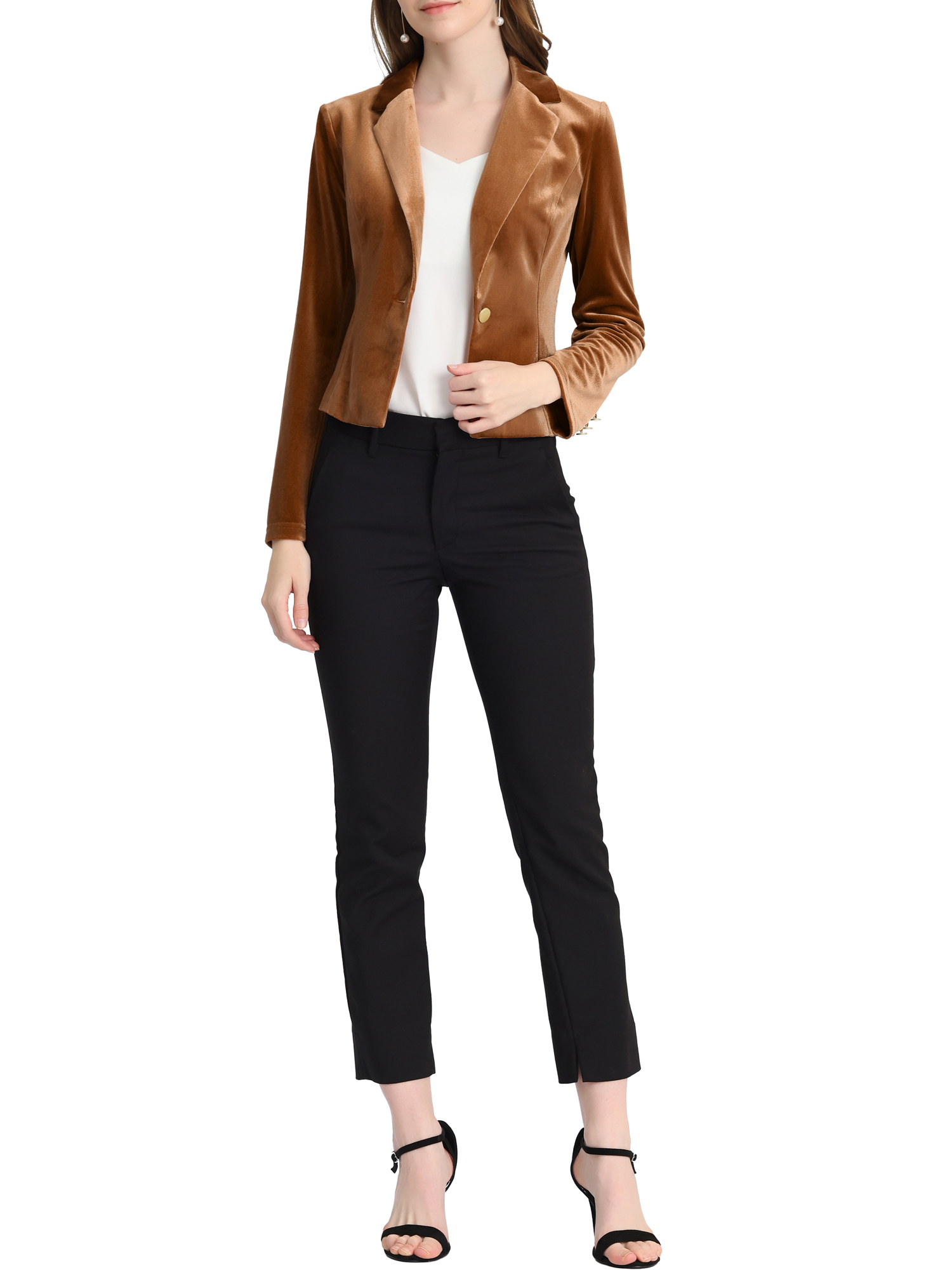 Unique Bargains Women's Button Front Velvet Blazer Lapel Office Crop Suit Jacket S Brown - image 2 of 6