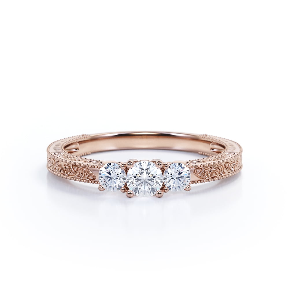 JeenMata 1 Carat Round Cut Moissanite Engagement Ring - Bridal Ring - Three Stone Ring - Trilogy Ring - 18k Rose Gold Over Silver