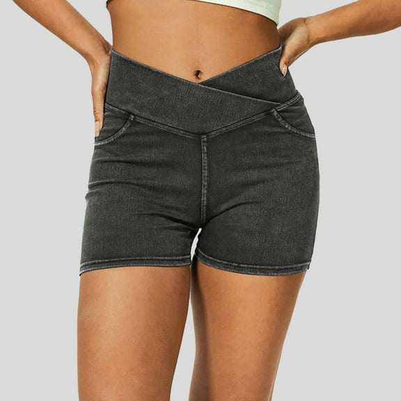 PiGOGI Women's High Waist Jeans - Stretchy Skinny Denim Shorts with Pockets - Hip Lifting Casual Summer Jean Shorts Dark Gray XS