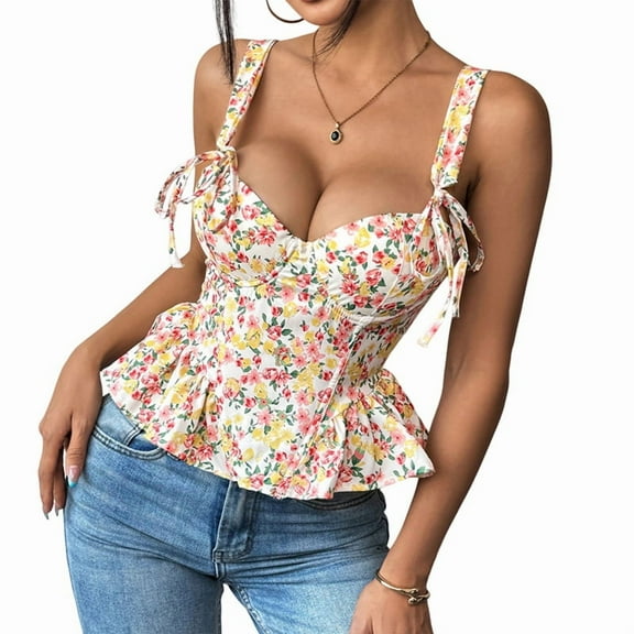 Womens Cute Cropped Tank Tops Teen Girls Summer Fashion Y2K Suspender Outing Tops Pink & Yellow S