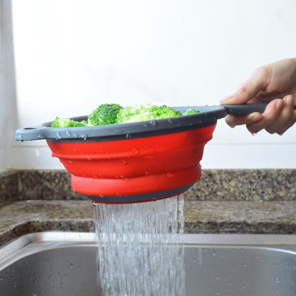 Collapsible Colander,Colander for Kitchen,Collapsible Silicone Colander,Space Saving Strainer Baskets for Kitchen & Camping,Foldable Filter Basket With Handle,Fruit And Vegetable Basket(Red)