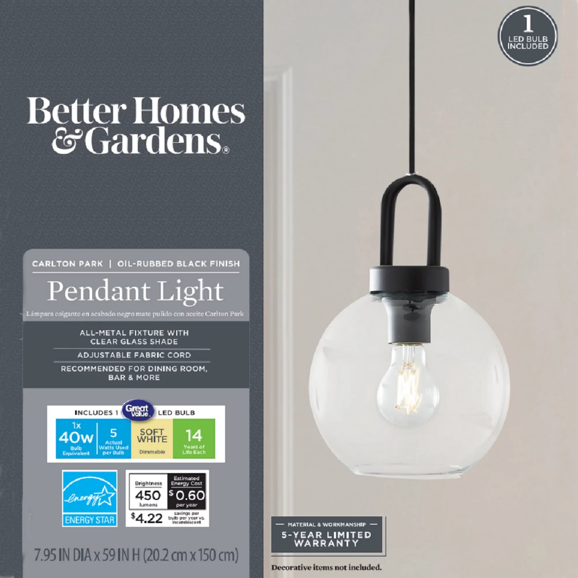 Better Homes & Gardens 59” Black Pendant Ceiling Light, Metal Base Glass Shade, LED Bulb Included CA