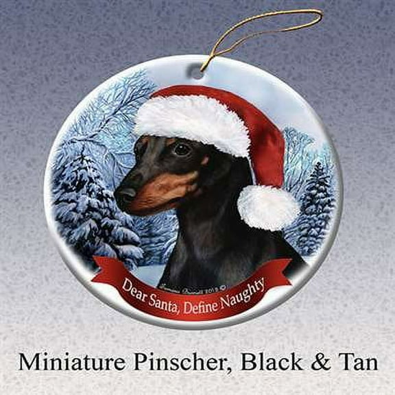 Holiday Pet Gifts Min Pin, Black and Tan Santa Hat Dog Porcelain Ornament