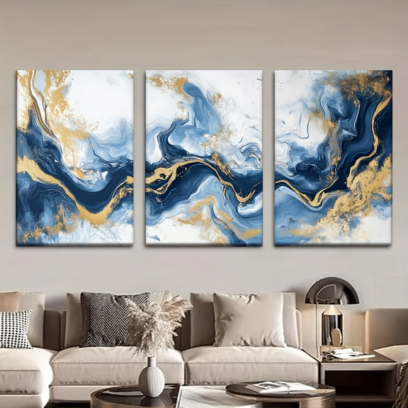 3pcs/Set, Canvas Painting--Unframed, Abstract Blue And Golden Marble Pattern, Posters And Prints, Living Room, Library, Office, Cafe, Bar, Abstract Art, Perfect Birthday, Holiday Gift, Valentine'S D