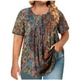thumbnail image 3 of ZVAVZ Women Summer Tops 2025 Plus Size Floral Print Pleated Blouses Loose Button Up Henley Round Neck Shirts Casual Short Sleeve Swing Flowy Tunic Brown,3XL, 3 of 7