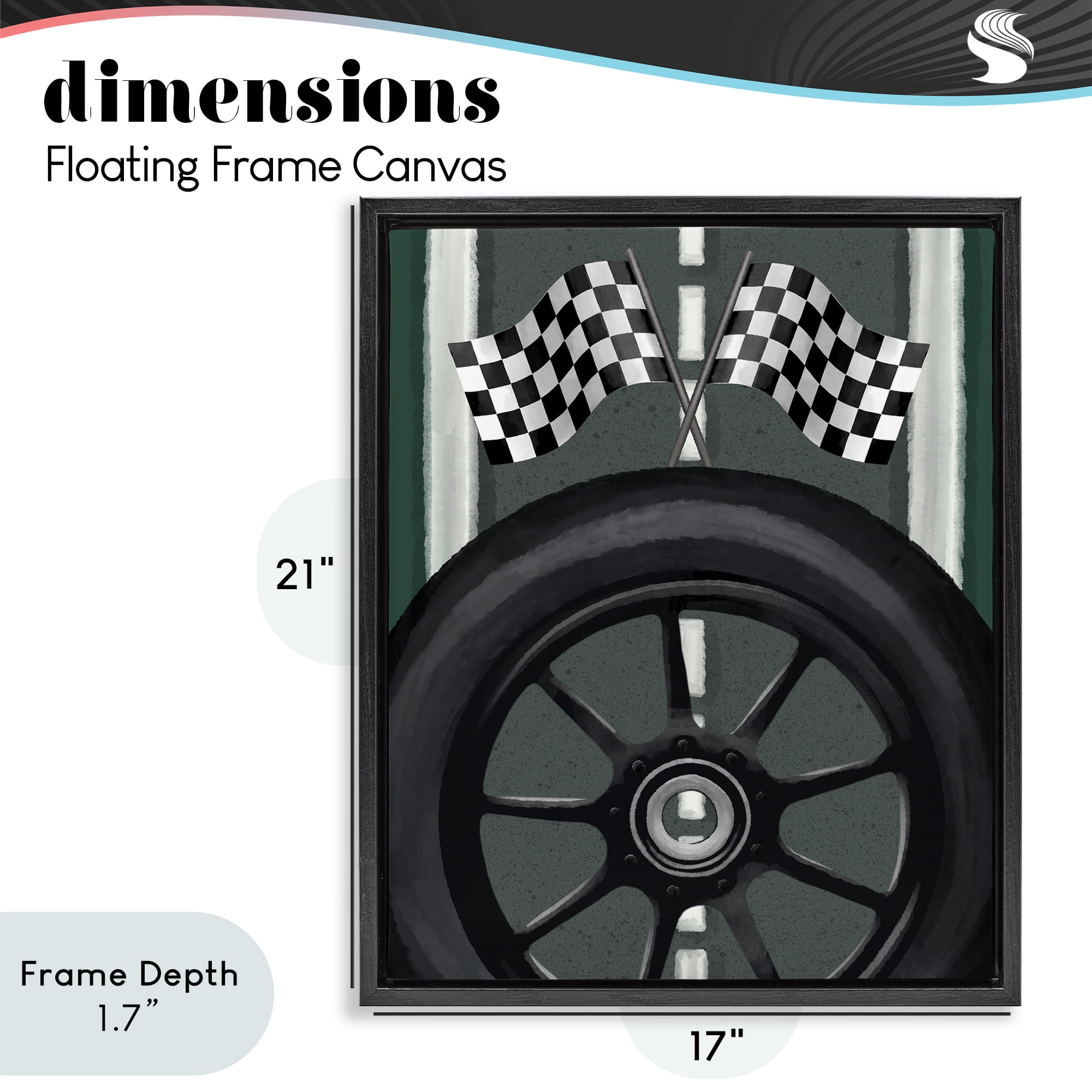 Stupell Industries Racetrack Flags & Tire Black Framed Floater Canvas Wall Art, design by Jennifer Stith