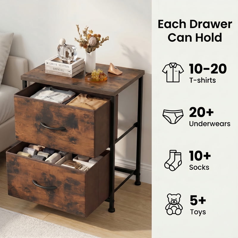 BEAUTYPEAK Nightstand 2-Drawer Fabric Dresser Bedside Table with Wooden Top Adjustable Feet, Rustic Brown