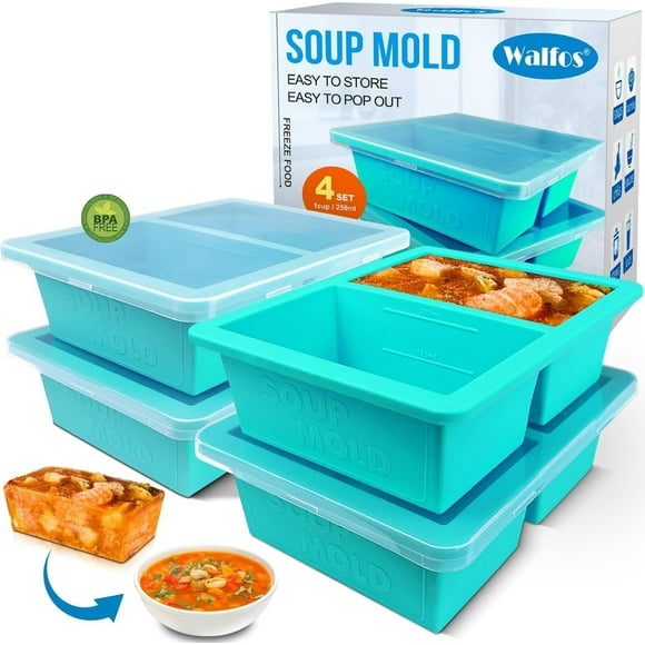 Walfos Moules de Congélateur en Silicone 1 Tasse avec Couvercle, 4 Paquets de Bac à Glaçons pour Congélateur de Soupe pour Aliments, Contenant de Congélation en Silicone pour Entreposer et Congeler S