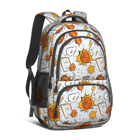 Basketball and Blast White Pattern Backpack for School, Cute School Bag with Adjustable Shoulder Straps and Padded Back, 16.9"x12.6"x5.9"