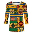 thumbnail image 4 of LYEAA African American Apparel Women 3/4 Sleeve Round Neck Tops Ethnic Print Cotton Shirt Loose Fit Casual Daily Cultural Outfit Multicolor L, 4 of 5