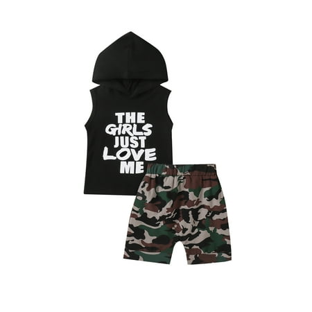 

Canis Boy’s Summer Letter Hooded Vest and Camouflage Short Pants