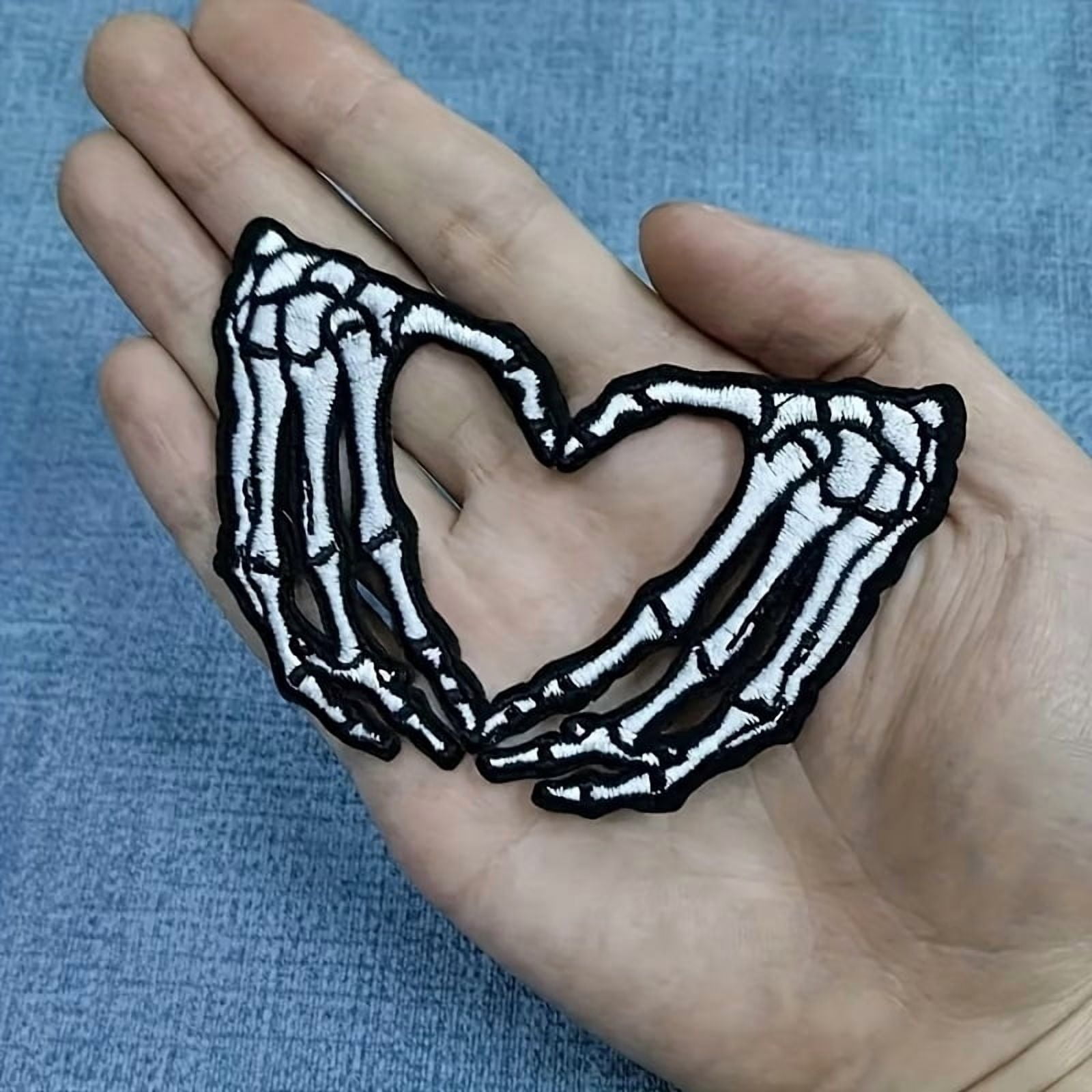 Skeleton Heart Hands Patch - Embroidered Applique Sew On Fabric Badge for DIY Accessories, Dog Patches for Harness, Iron On Decals for Clothes, Jeans, Backpacks, Jackets, Pants, Hats, Vests