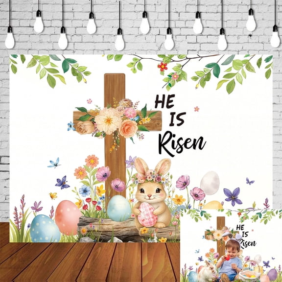 7x5FT Easter Backdrop He is Risen Backdrop Church Backdrop Cute Bunny Eggs Flower Butterfly Cross Background for Photograph Spring Easter Kids Birthday Baby Shower Party Supplies Vinyl