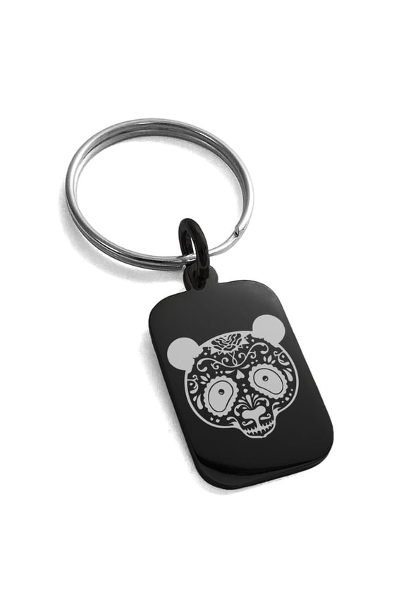 Stainless Steel Day of the Dead Sugar Skull Panda Engraved Small Rectangle Dog Tag Charm Keychain Keyring