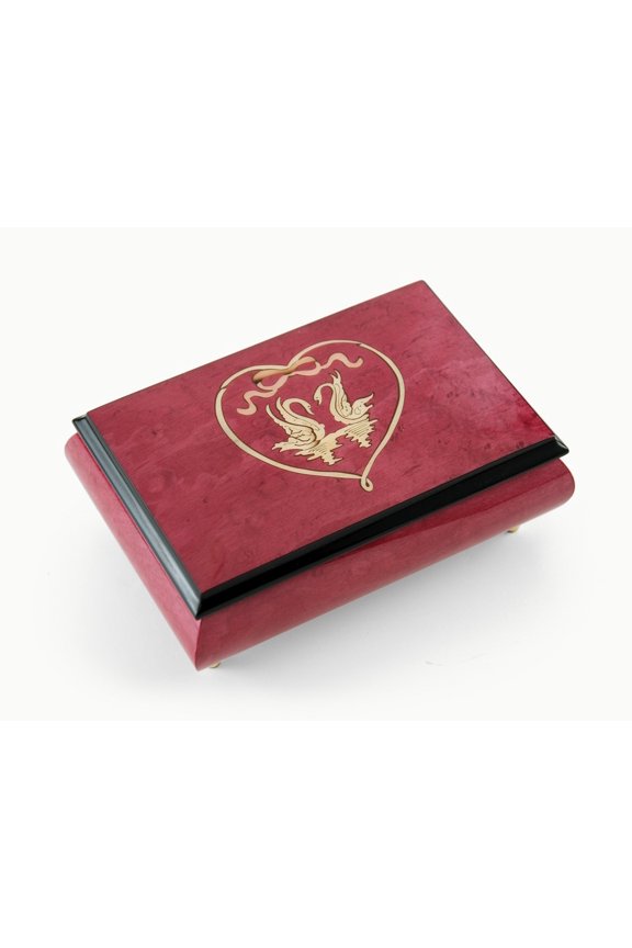 Romantic 30 Note Red-Wine Swans in Heart Outline Music Box - Scarsborough Fair