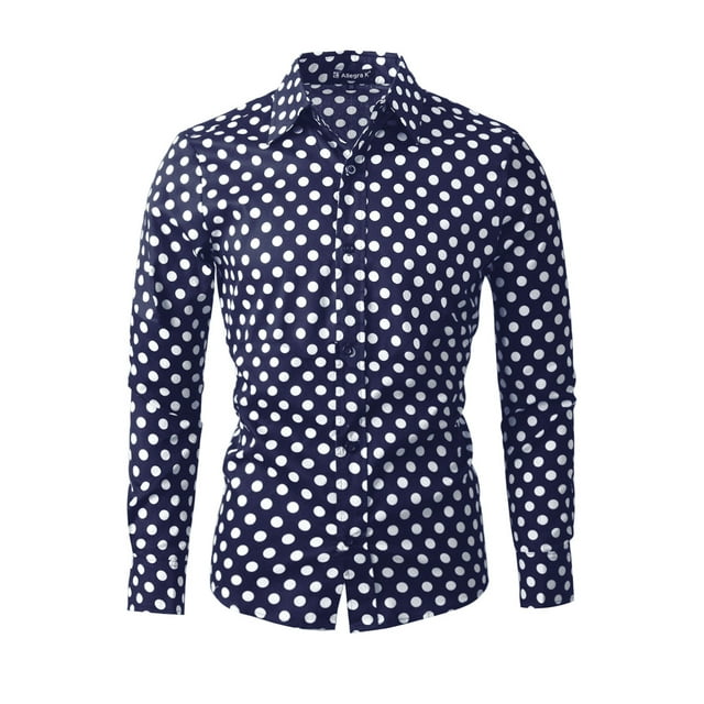 INSPIRE CHIC Men's Shirt Polka Dots Pattern Point Collar Long Sleeve Button Down Shirt 34 Navy Blue