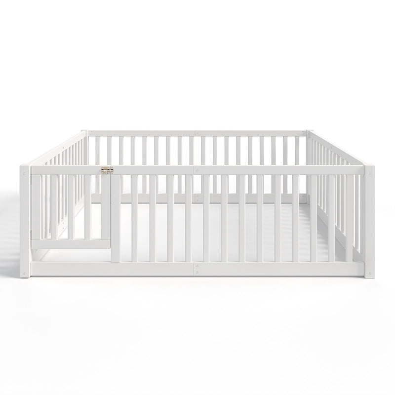 Bellemave Full Montessori Bed Frame, Wood Full Size Floor Bed with High Fence Rails, Full Beds Frame for Bedroom Playroom(White)