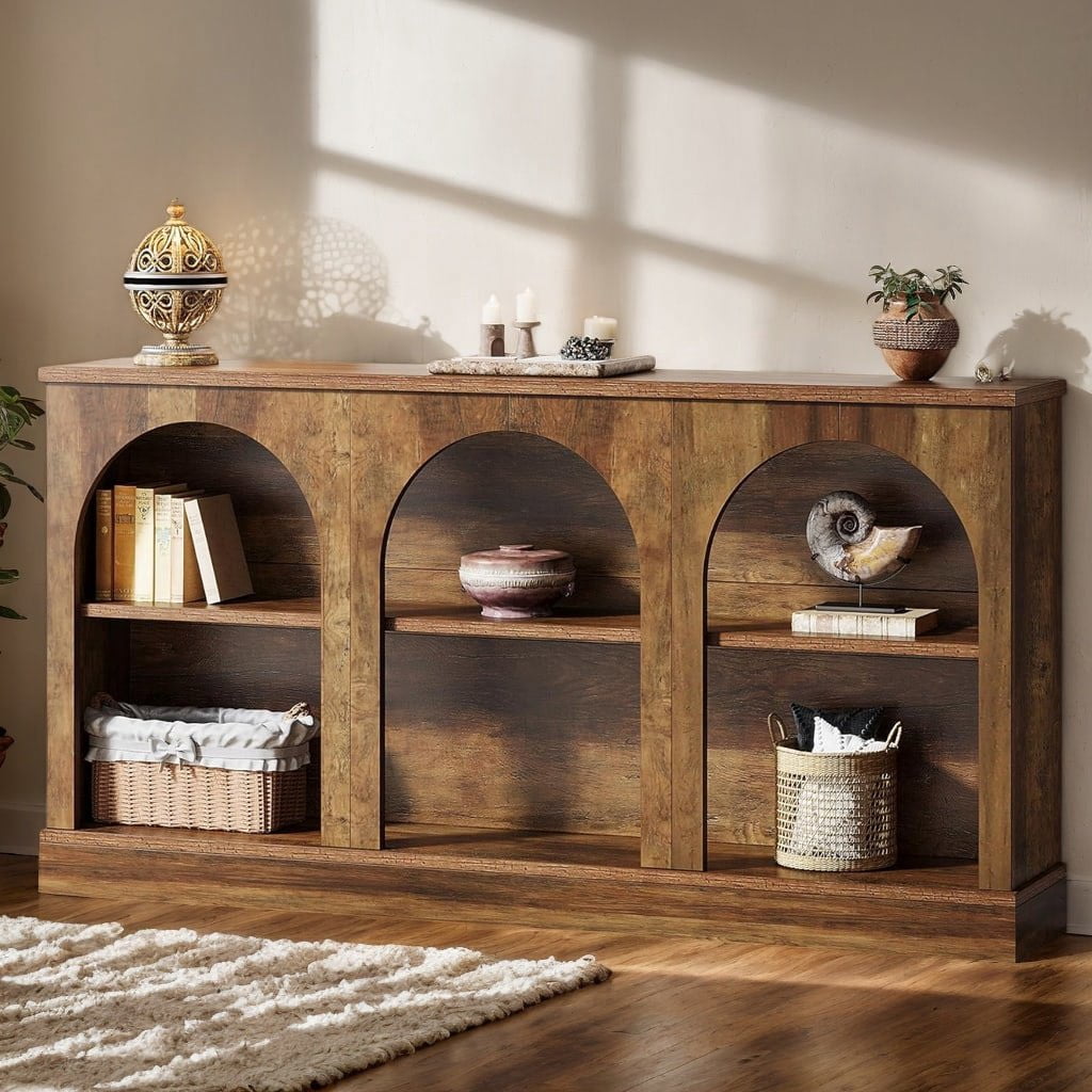Resenkos 3-Tier Storage Console Table, Rustic Entryway Decor, Space-Saving Home Accessory, Sturdy Farmhouse Style, Rustic Brown