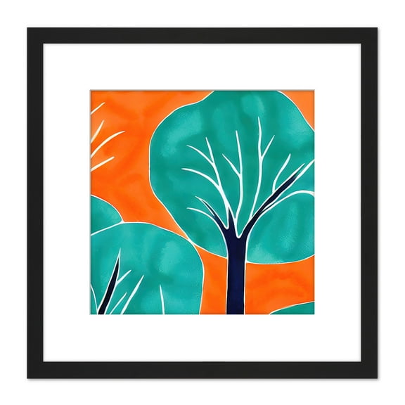 Striking Orange Teal Trees Abstract Landscape Watercolour Square Wooden Framed Wall Art Print Picture 8X8 Inch