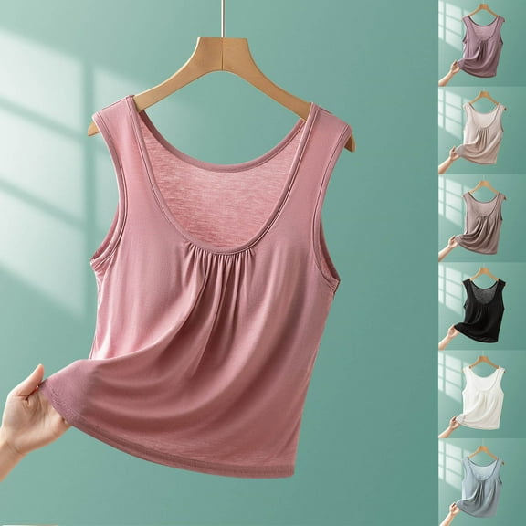 pstuiky Tank Top Women, Fashion Womens Summer Casual Solid Color Loose Fit Round Neck Tank Top with Built In Chest Cushion for Comfort and Style Women's Clothing Beige L