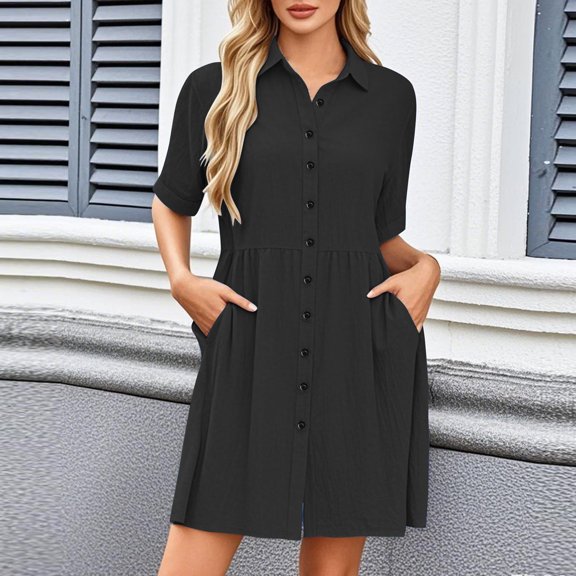 ClodeEU Women's Solid Color Linen Blend Short Sleeve Mini Dress,Casual Shirt Button Dress with Pockets Black,Womens Plus M