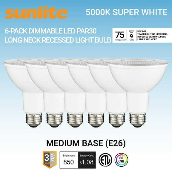 Sunlite LED PAR30 Long Neck Recessed Light Bulb, 10 Watts, (75W Equivalent), Medium E26 Base, Dimmable,UL Listed, 5000K Daylight, 6-Pack
