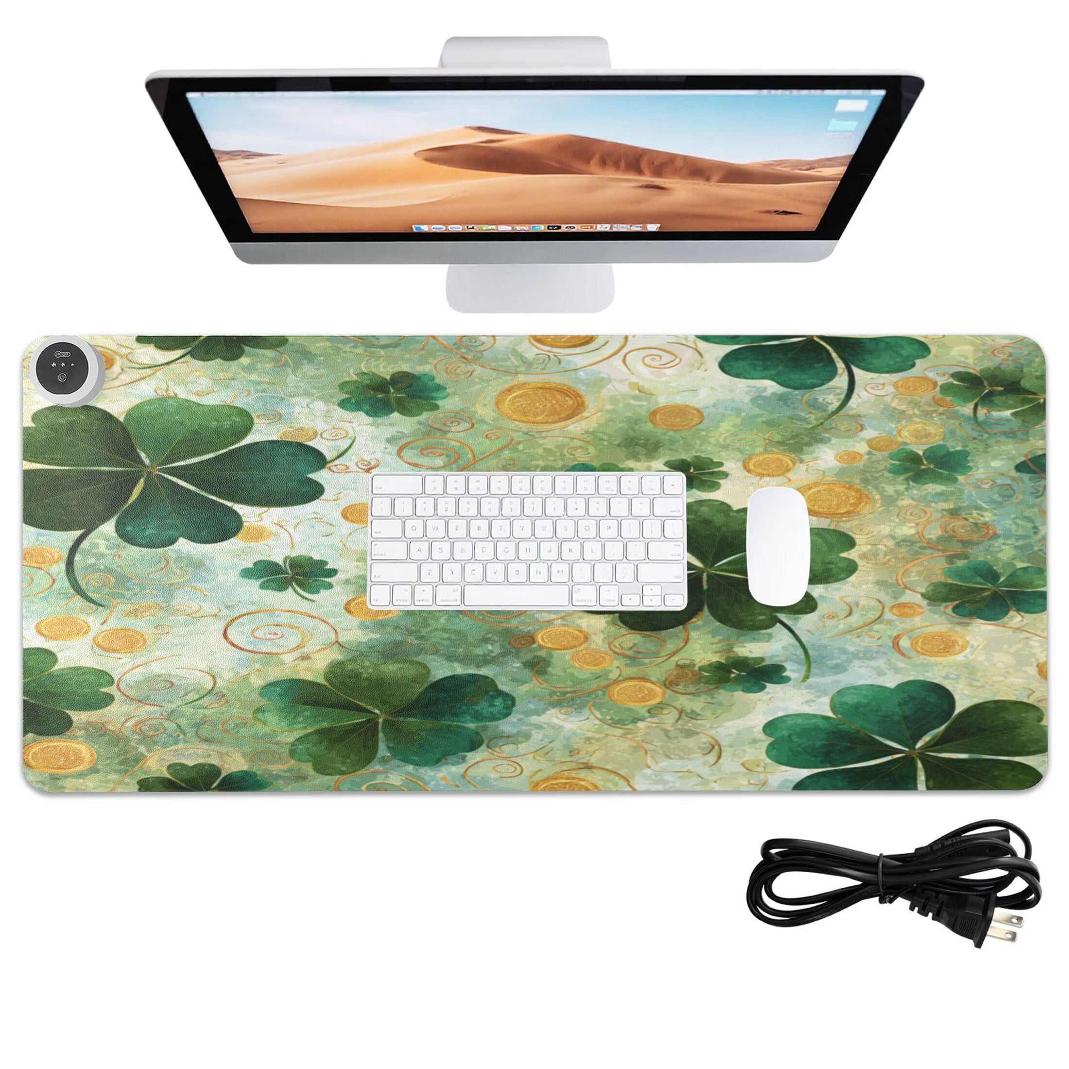 Large Heated Desk Mat Mouse Pad 31.5"x13"PU Leather Graphene Heating Desk Warmer with 3 Temperature Settings 110V US Plug Non-Slip Warm Pad for Home, Office, and Gaming Lucky Clover Coin Pattern