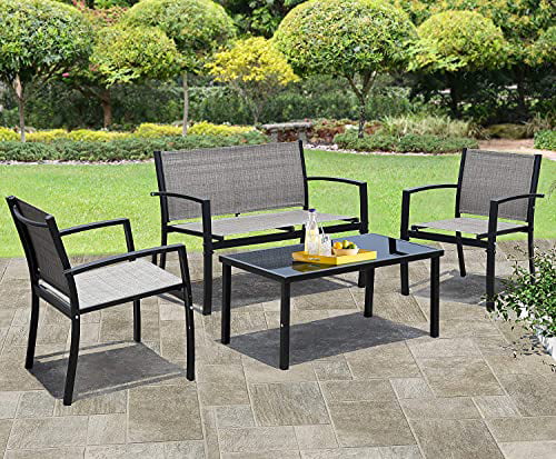 Lawn JUMMICO 4 Pieces Patio Furniture Set Modern Conversation Set Outdoor Garden Patio Bistro Set with Glass Coffee Table for Home Porch Grey 