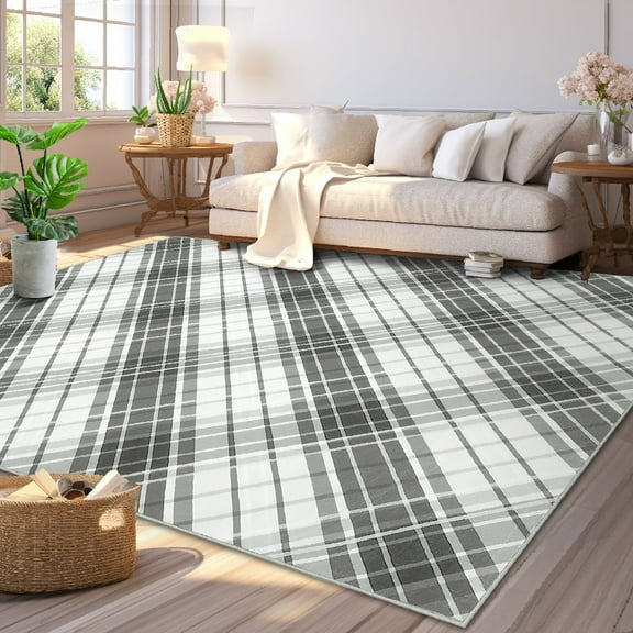 Garvee 8' x 10' Modern Geometric Rug Plaid Rugs for Living Room Washable Soft Foldable Accent Rug Indoor Non Slip Stain-Resistant Carpet, Black Gray