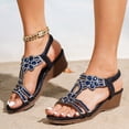 thumbnail image 2 of Dakaela Women's Low Wedge Heels Sandals Rhinestones Summer Beach Walking Shoes Comfortable Bohemian Casual Dressy Sandal with Ankle Steap Blue Size 6.5, 2 of 7