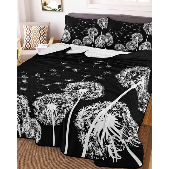 White Dandelion King Size Down Alternative Comforter, Lightweight Comforter Quilt Bedding Set with Pillow Shams Spring Flowers Botanical Vintage Black All Seasons Bed Comforter Duvet Insert 96"x106"