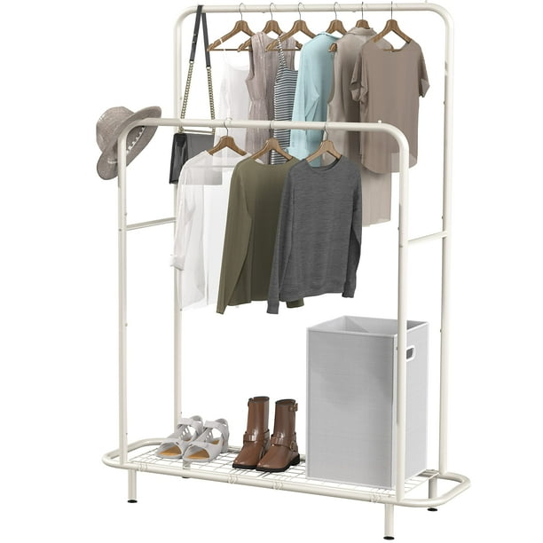 Simple Houseware Double Rod Clothing Garment Rack with Bottom Shelves