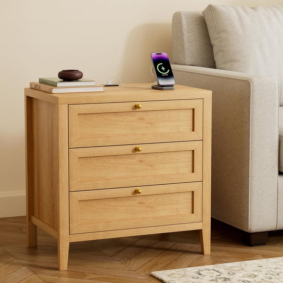 3 Drawer Nightstand with Charging Station, Farmhouse Large Bedside End Table with Storage Drawers, Modern Wood Night Stand for Sofa, Bedroom, Natural Oak