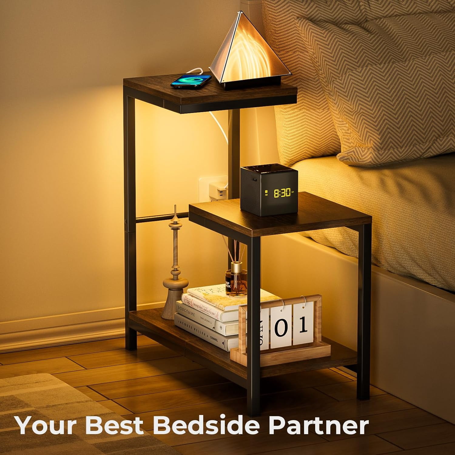 Corner Table G-Shaped End Table Small Side Table for Living Room, Bedside Table with Storage Shelf, Corner Tables for Small Spaces, Balcony, Couch, Bedroom, Rustic Brown