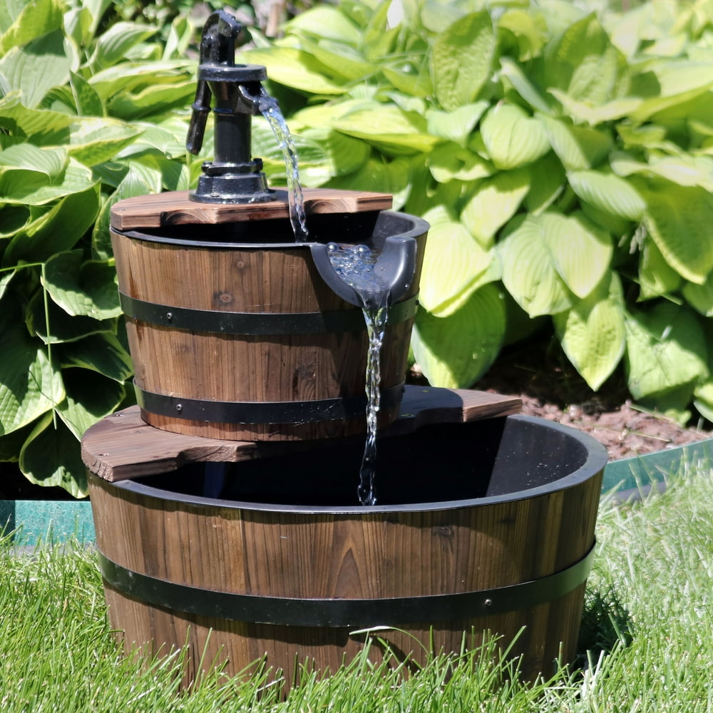 Sunnydaze Country Wood Barrel Water Fountain - 2-Tier Waterfall