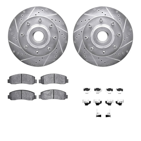 Dynamic Friction Company Front Brake Rotors-Drilled and Slotted-Silver with Heavy Duty Brake Pads includes Hardware 7212-99207