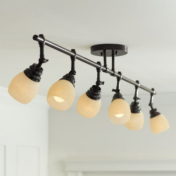 Pro Track Elm Park 6-Head Ceiling Track Light Fixture Kit Spot Light Brown Bronze Finish Amber Glass Western Kitchen 57 1/2" Wide