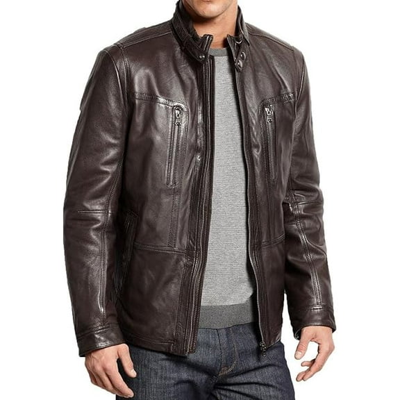 New Mens Leather Brown Jacket Slim Fit Biker Motorcycle Genuine Leather Coat A552
