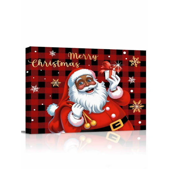 Black Santa Claus Merry Christmas Canvas Print Wall Art Framed Canvas Art Wall Decor Xmas Snowflake Red Plaid Pictures Painting Morden Artwork for Living Room Bedroom, Ready to Hang - 12"x16"