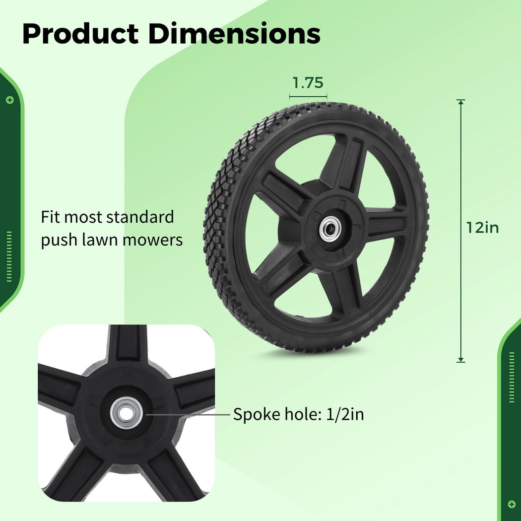 2 Packs 12 Inch Lawn Mower Wheels, Heavy-Duty PVC Mower Replacement Wheels with Double Bearings, Universal Push Lawn Mower Tires with 1/2-Inch Spoke Hole