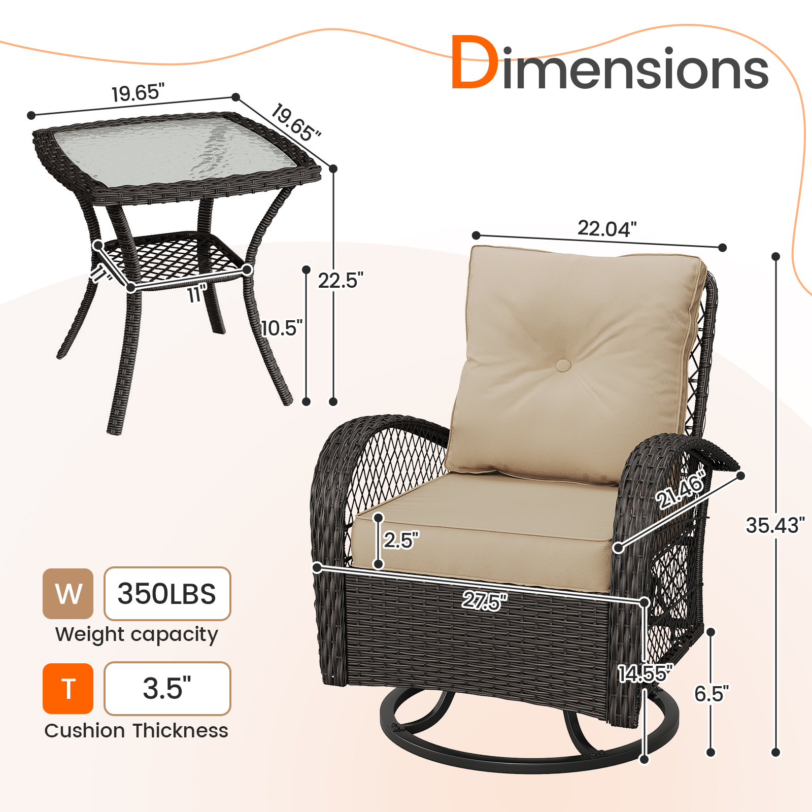 MRUAKA 3 Pieces Patio Furniture Set, Outdoor Swivel Gliders Rocker, Wicker Patio Bistro Set with Rattan Rocking Chair, Glass Top Side Table and Thickened Cushions for Porch Deck Backyard(Khaki)