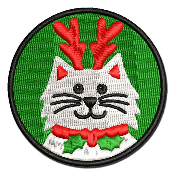 Cat Reindeer Christmas Applique Multi-Color Embroidered Iron-On Patch - 2.5 Inch Small