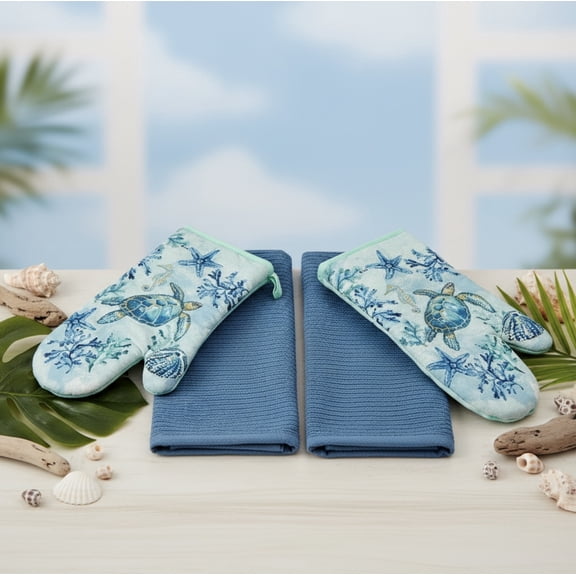 Serafina Home Summer Sea Turtle Kitchen Dish Towels Set, 4c: Colorful Ocean Shells, Starfish, Coral And Sea Turtle Oven Mitts
