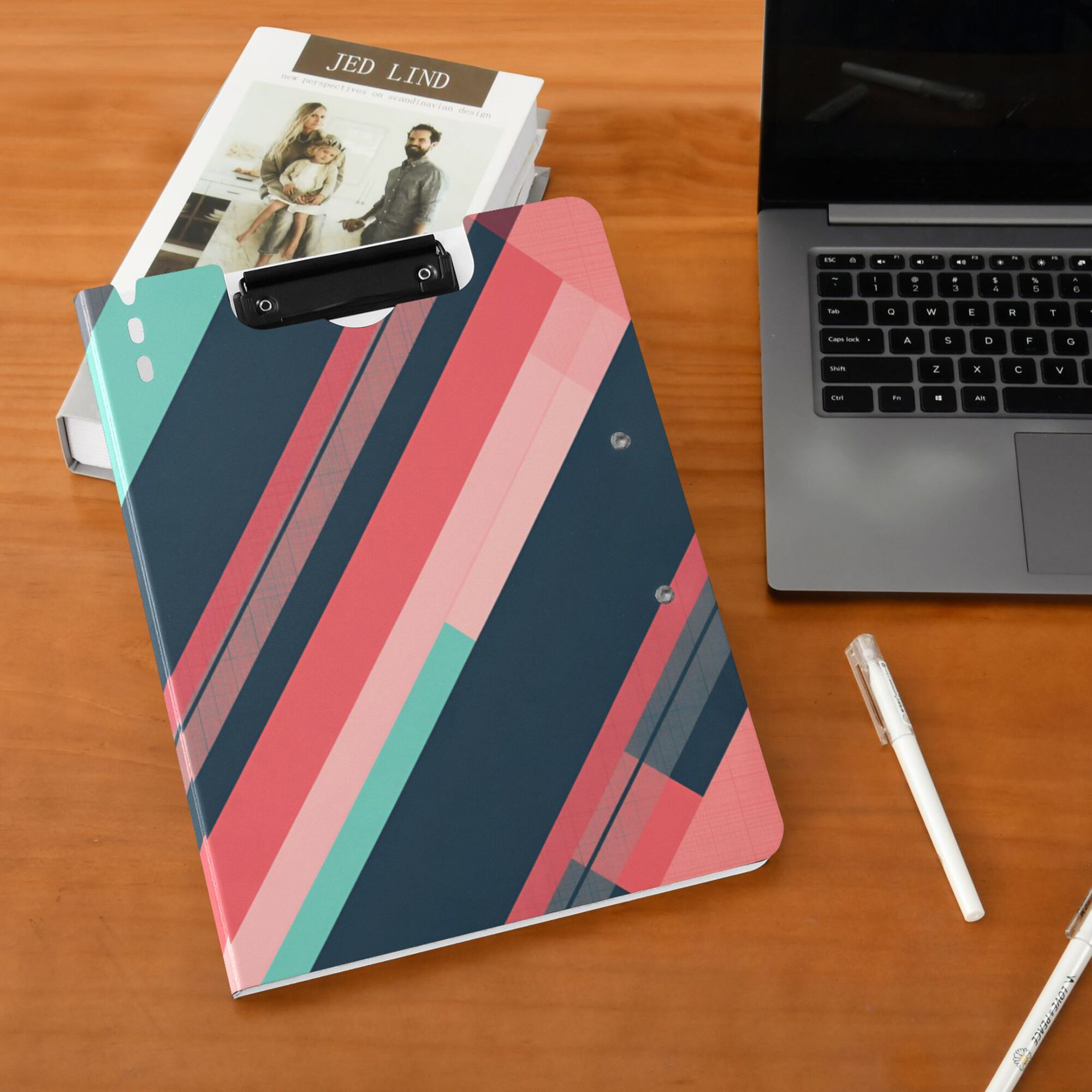 FORMRS A4 Clipboard Folder with Pen Holder Horizontal Foldable School Office Binder, Pink Geometric