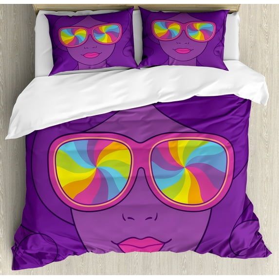 Retro Duvet Cover Set King Size, Psychedelic Style Portrait of a Girl in Sunglasses with Rainbow Swirls, Decorative 3 Piece Bedding Set with 2 Pillow Shams, Violet and Multicolor, by Ambesonne