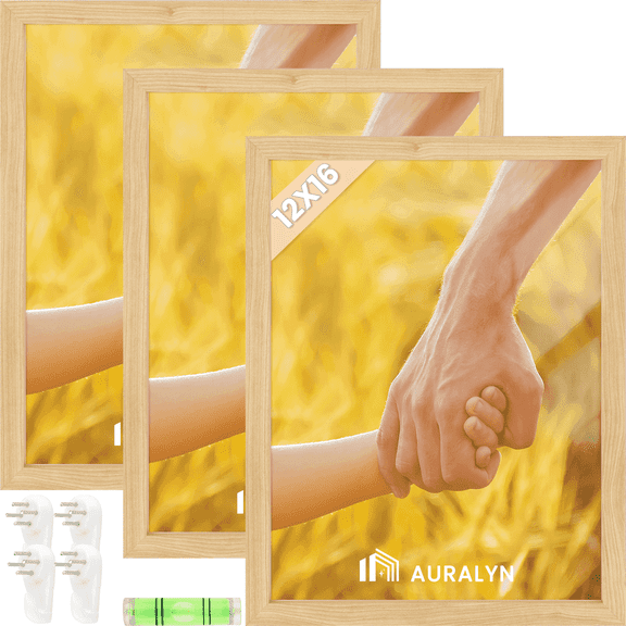 Auralyn Home 12x16 Picture Frames Set of 3, Fits 8.5x11 with Mat or 12x16 Without Mat, Includes Hanging Kit, Wood Grain